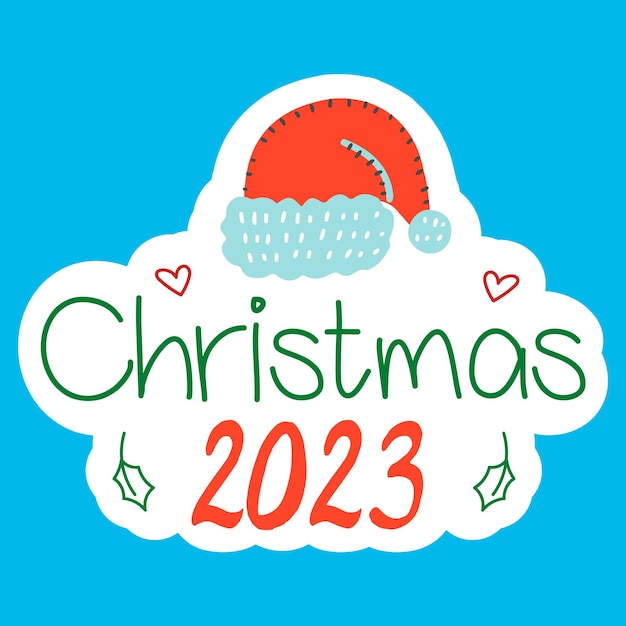 Синий фон с рождественской шапкой и облаком со словами рождество 2023 на нем