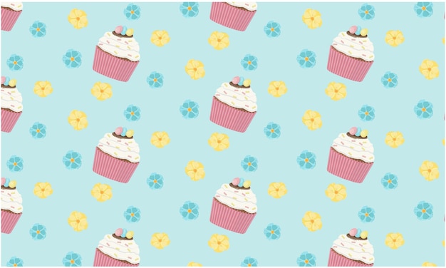 A blue background with a cupcake and flowers on it.