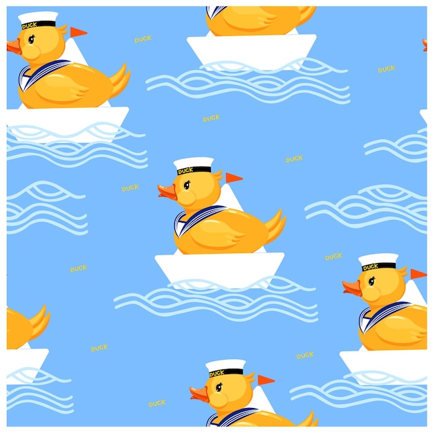 A blue background with a duck in a boat wearing a sailor hat.