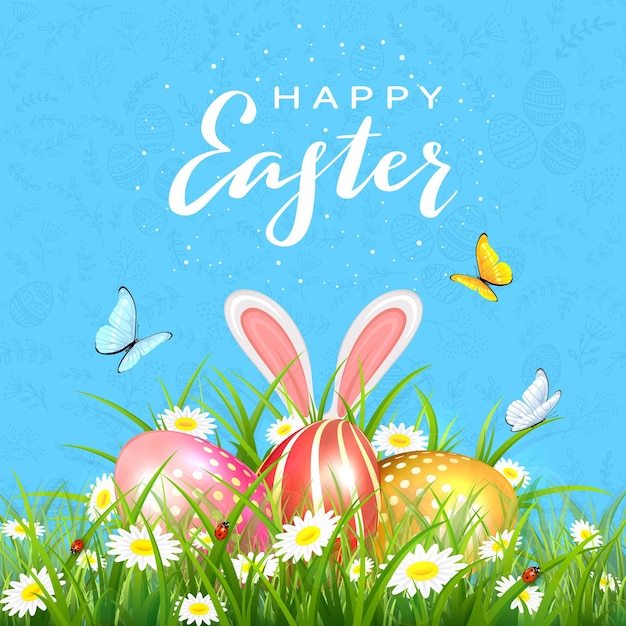 Синий фон с цветочным узором и буквами счастливой Пасхи. Бабочки и кроличьи уши за красочными пасхальными яйцами в траве и цветах. Иллюстрация может быть использована для праздничного дизайна, открыток.