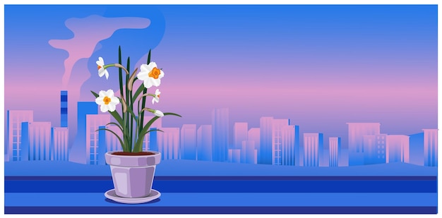 A blue background with a flower pot and a city skyline in the background