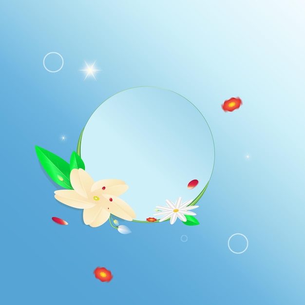 blue background with flowers and a round bubble