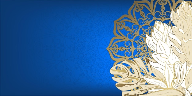 Синий фон с золотым контуром Роскошная мандала и фон тропических цветов для поздравительных открыток