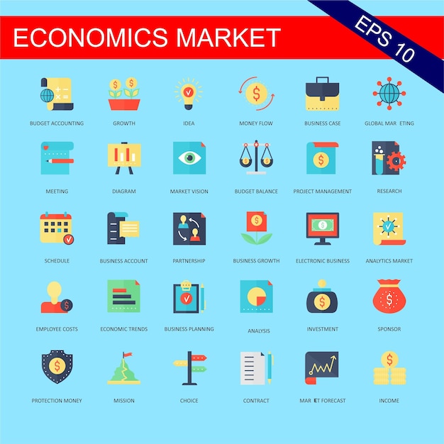 Синий фон с множеством иконок, включая экономический рынок.