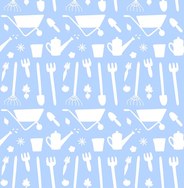 A blue background with a pattern of gardening tools.