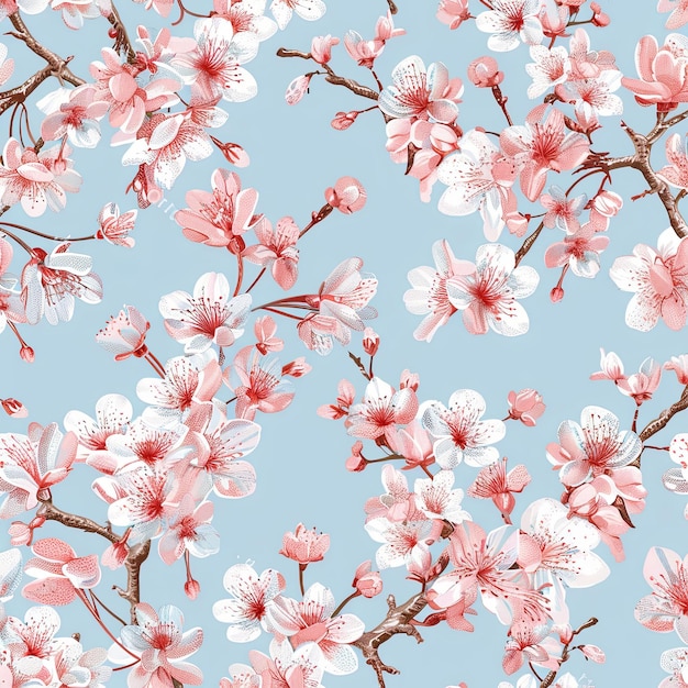 A blue background with pink and white flowers