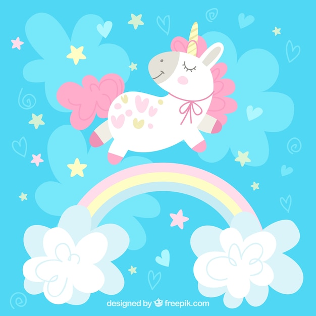 Blue background with pretty unicorn and rainbow with clouds