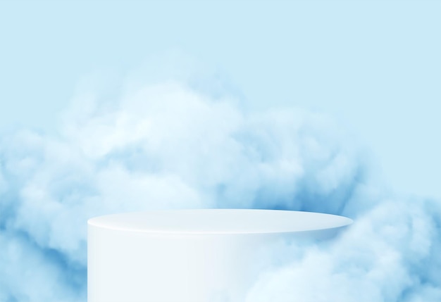 Sfondo blu con un podio del prodotto circondato da nuvole blu.