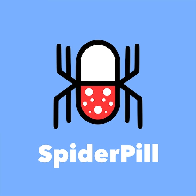 A blue background with a red spider pill logo on it