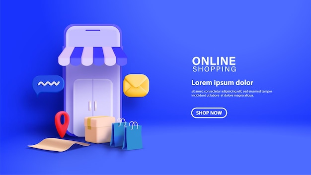 Sfondo blu con illustrazione dello smartphone per banner per lo shopping online
