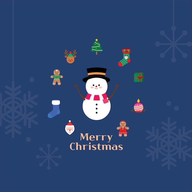 A blue background with a snowman and a christmas tree and a snowman.