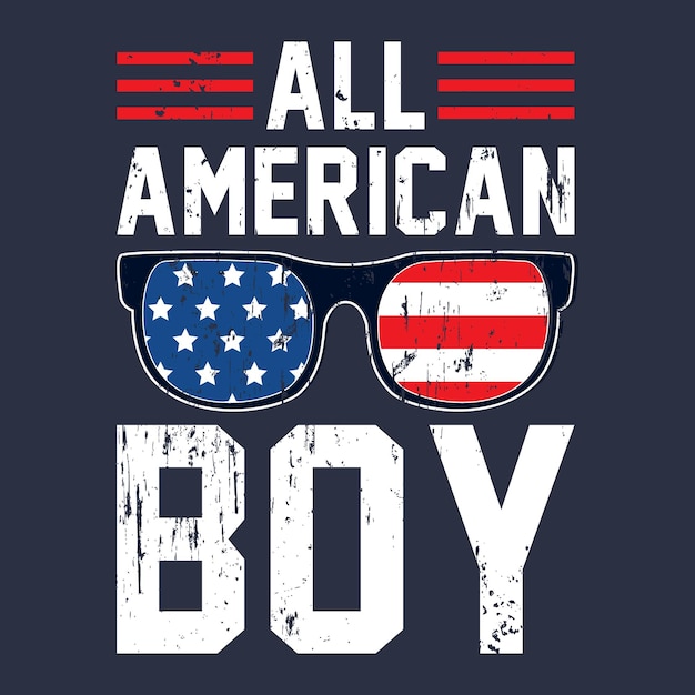 Vector a blue background with sunglasses and the words all american boy.