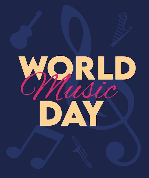 A blue background with a world music day written in yellow letters.