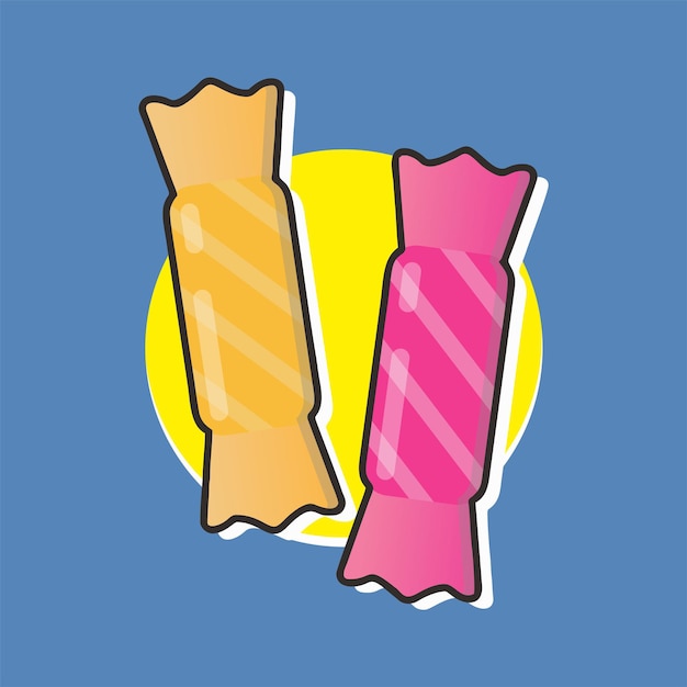 A blue background with a yellow circle and two candy candies.