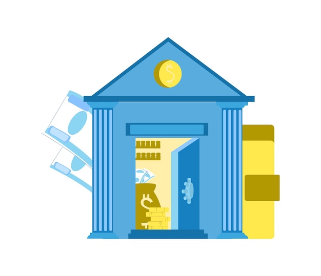 Vector blue bank building with columns flying money vault with gold and stacked coins vector illustration