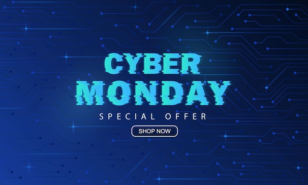 Vettore banner blu con pulsante negozio e testo al neon glitch per il poster promozionale di vendita del cyber monday con sconto