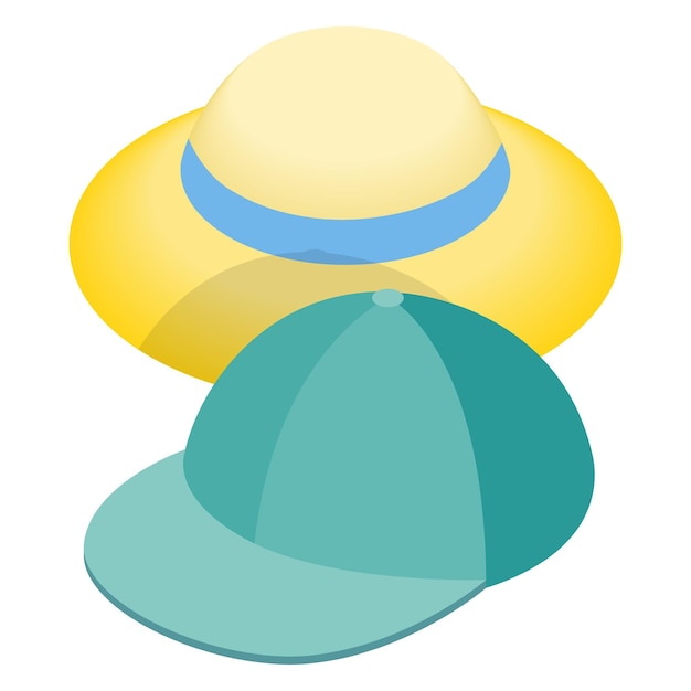 벡터 흰색 배경에 등각 투영 3d 스타일의 파란색 야구 모자와 밀짚 모자 아이콘