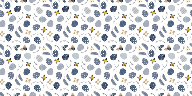 버드나무 나뭇가지와 부활절 달걀이 있는 블루 베이지색 부활절 봄 원활한 패턴