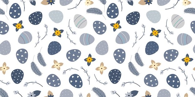 Blue Beige Easter spring seamless pattern with willow twigs and Easter eggs