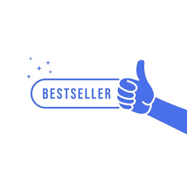 Vector blue bestseller icon with thumb up concept of great recommendation or simple sign of success in business flat cartoon trend modern best selling product logo graphic minimal design isolated on white