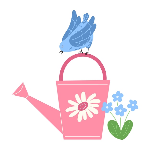 青い鳥がピンク色の庭の灌<unk>箱に座り,明るい青い花と春の庭の道具の間