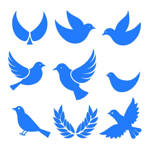 Vector blue bird vector icons set in minimalist silhouette style for peace and decorative use