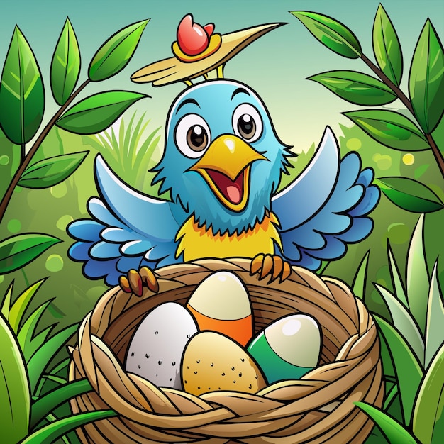 Vector a blue bird with a bird on his head sits in a nest with eggs in it