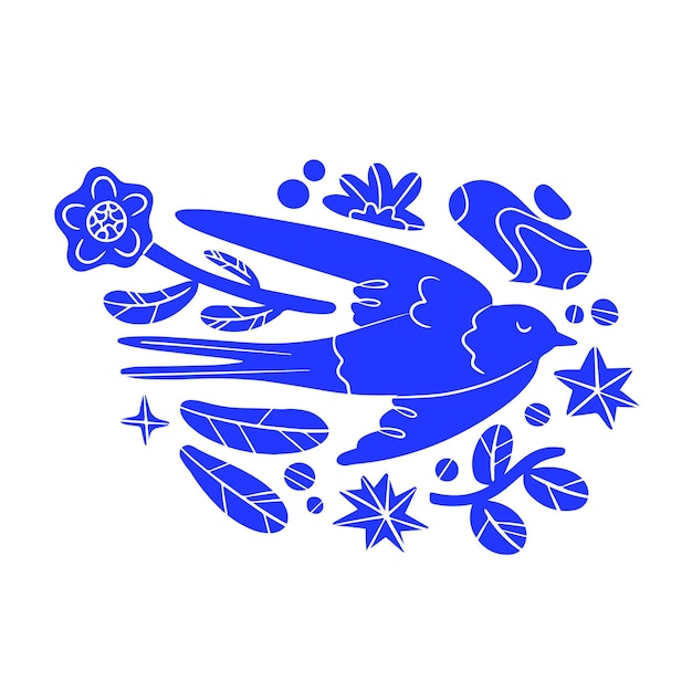 Vettore un uccello blu con una coda blu e un fiore sopra.