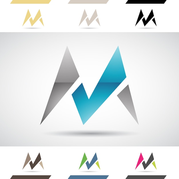 뾰족한 삼각형이 있는 문자 M의 파란색과 검정색 추상 광택 로고 아이콘