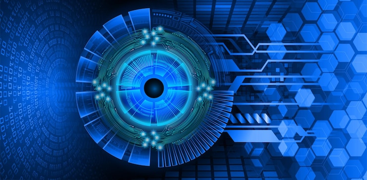 Vector a blue and black background with a blue circle with the word cyber on it.