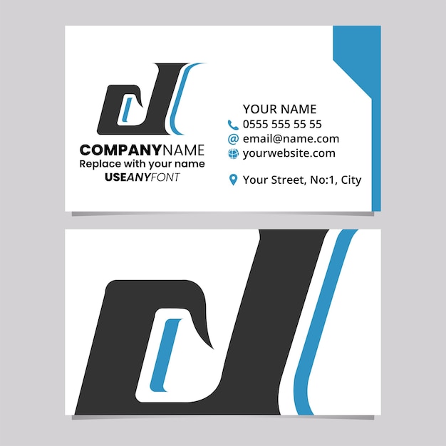 Blue and Black Business Card Template with Lowercase Italic Letter D Logo Icon