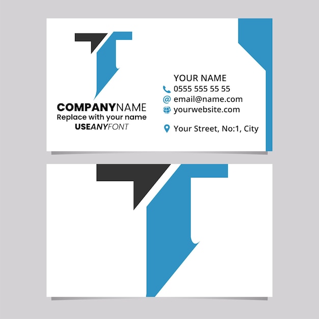 Blue and Black Business Card Template with Split Shaped Letter T Logo Icon