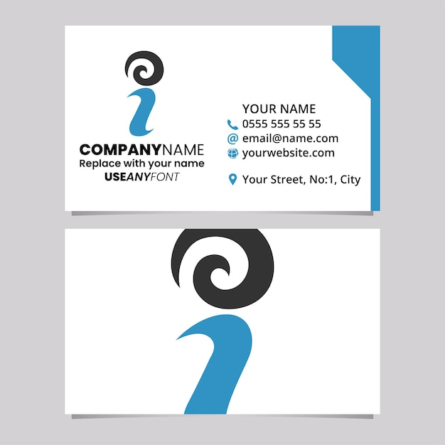 Blue and Black Business Card Template with Swirly Letter I Logo Icon