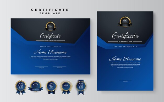 Modello blu e nero del bordo del certificato di conseguimento con distintivo di lusso e modello di linea moderna per le esigenze aziendali e di istruzione del premio