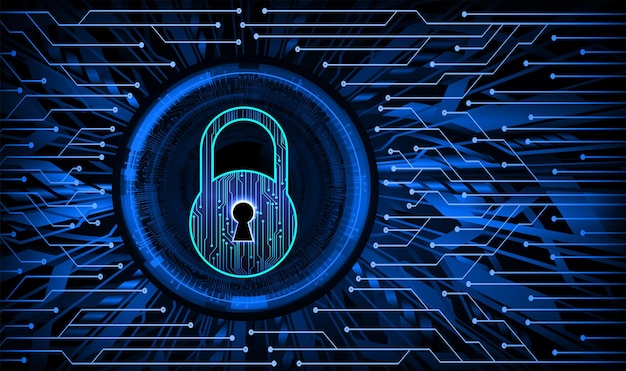 중간에 자물쇠가 있는 파란색과 검은색 사이버 보안 아이콘.