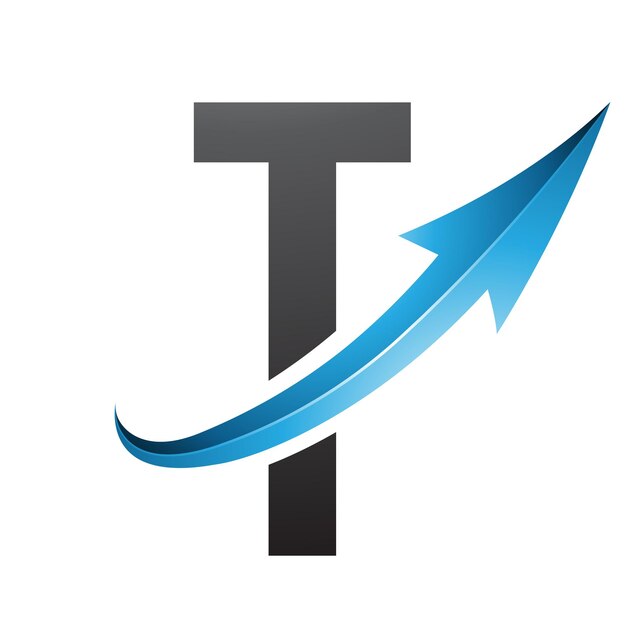 Vector blue and black futuristic letter t icon with a glossy arrow on a white background