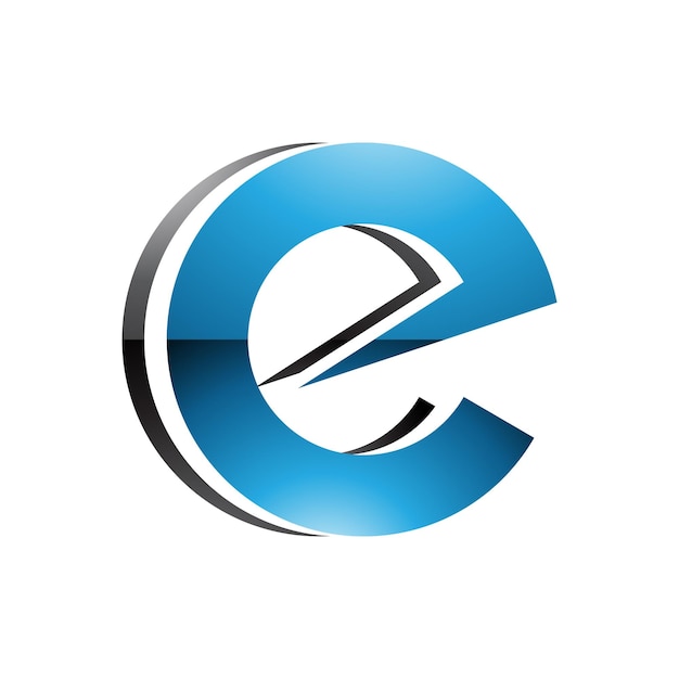 Blue and black glossy round layered lowercase letter e icon on a white background