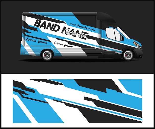 A blue and black van that says band name.