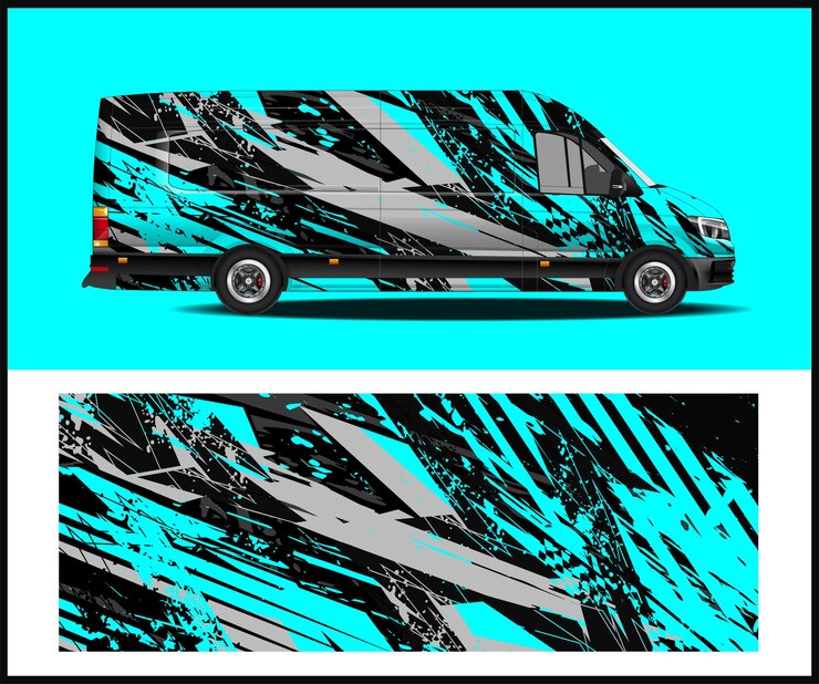 A blue and black van with a black and blue design.