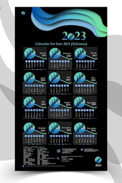 Blue-black wall calendar 2023 new year clean calendar template