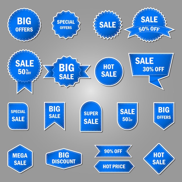 Blue blank price tags labels or badges ribbon banners