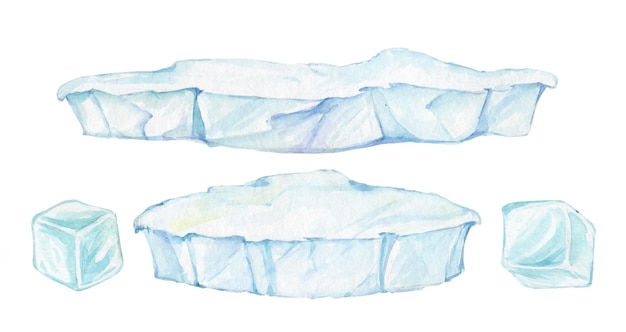 Vector blue blocks of ice cubes frozen glaciers glaciers frozen water and snow watercolor set of arctic and polar ice floes on an isolated background