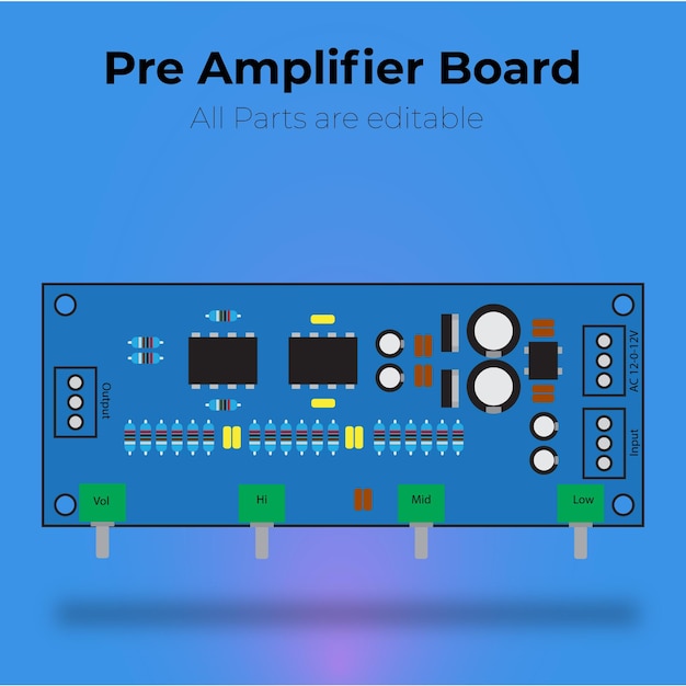 A blue board with the words pre amplifier board on it