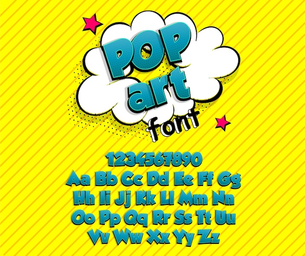 Blue bold comic book pop art superhero font alphabet collection