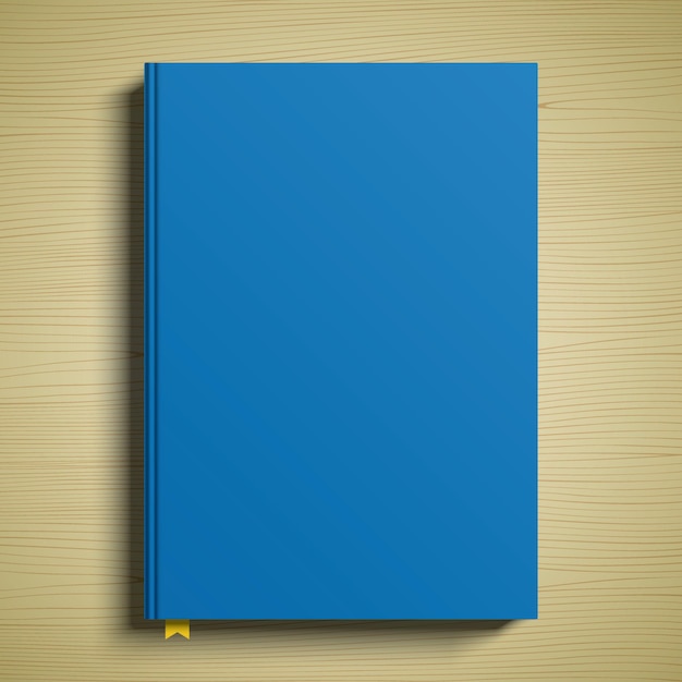 Blue book cover 3d vector mockup a closed paperback book lying on a wooden table surface