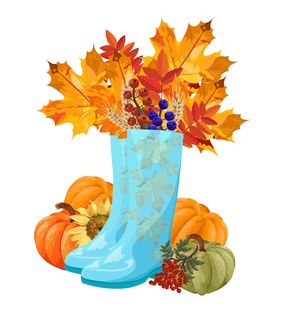 Blue boots full with autumn leaves