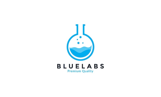 Laboratorio di bottiglia blu con illustrazione del disegno dell'icona del vettore del logo astratto liquido