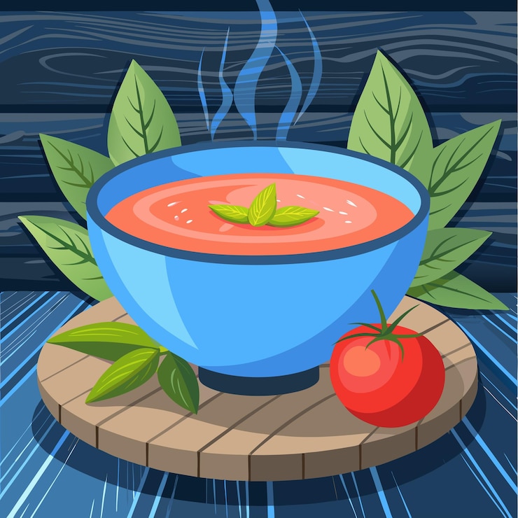 Vector a blue bowl of soup with a tomato and a tomato on the side