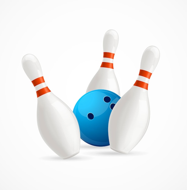 Vettore palla da bowling blu che si schianta contro l'illustrazione vettoriale dei perni