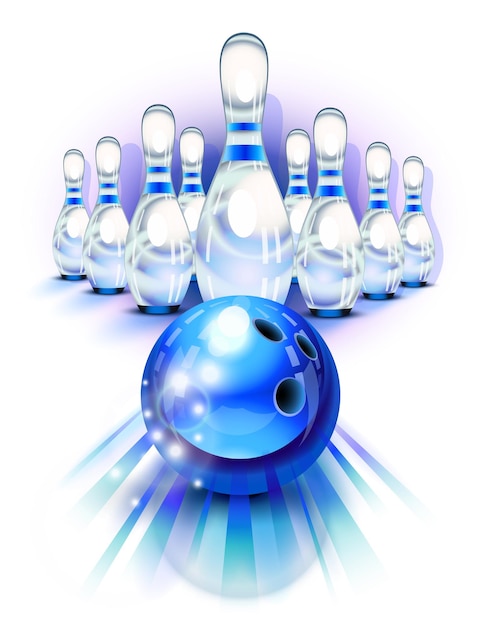 Blue bowling ball in motion in front of the pins